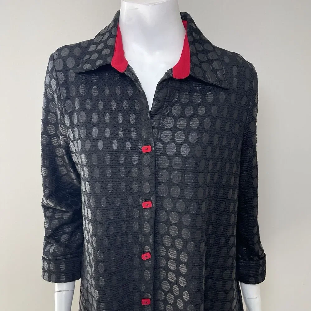 IC by Connie Mid Length Swing Light Jacket 10 Black Red Evening Office Artsy
